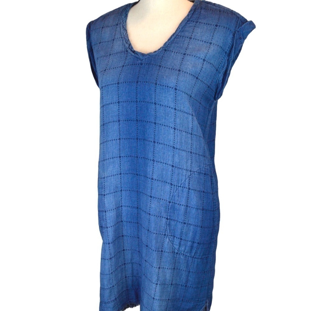 Anthro Cloth & Stone Quilt Stitched Chambray Frayed‎ Hem Pocket Dress, Size XS